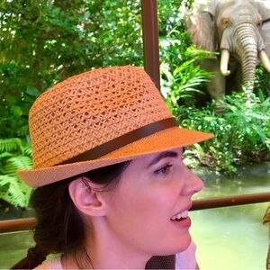 Tickled Pink Fedora woven Straw Hat with brown leather accent EUC